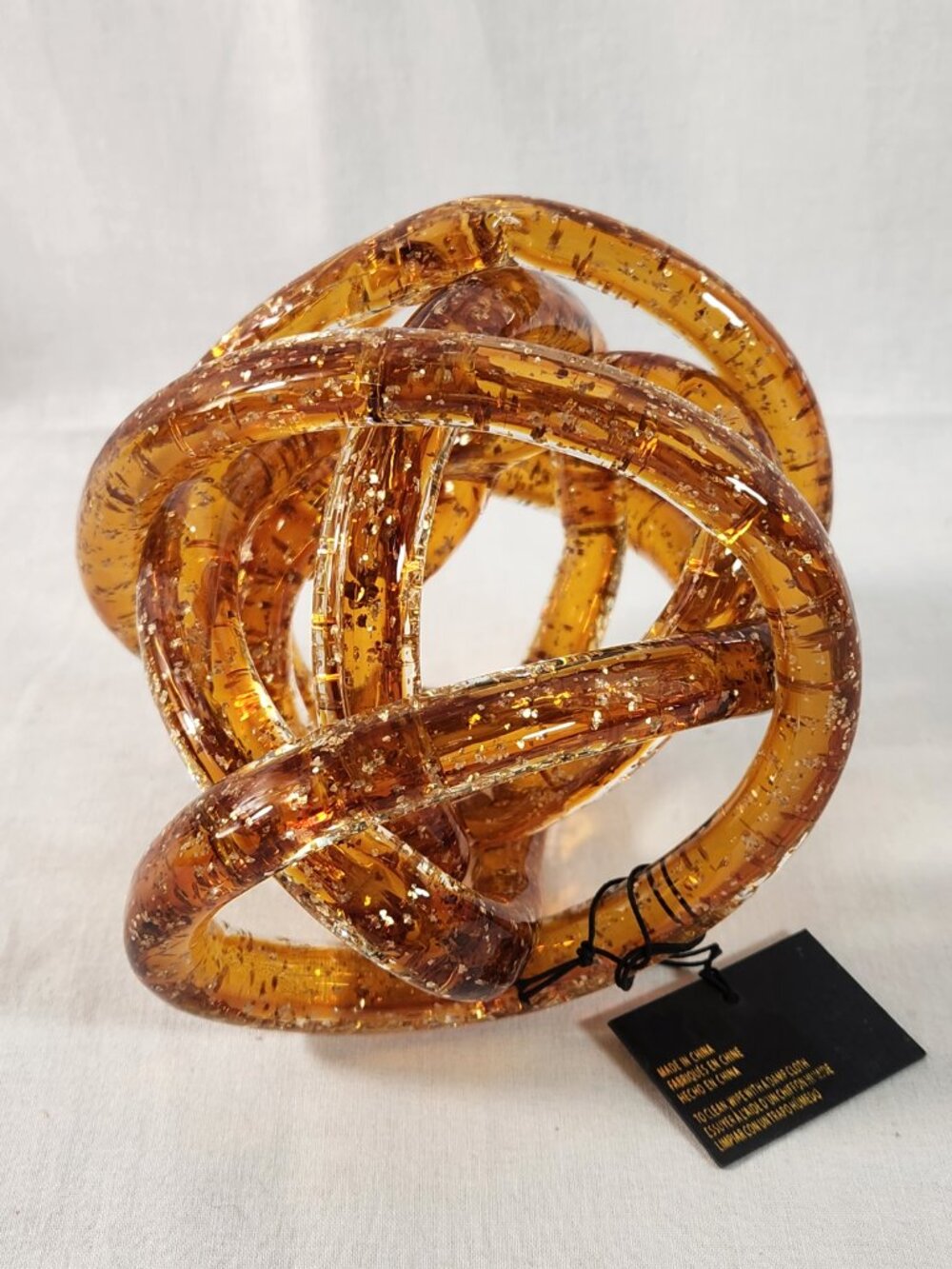 Artisan Blown Glass Amber Infinity Knot Rope Golden Speckled Home Office Decor - Picture 5 of 11